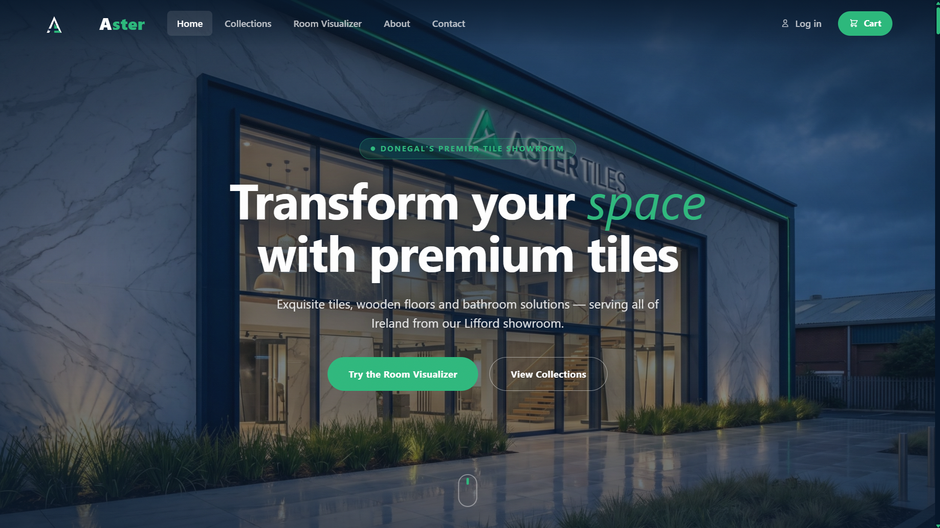 Aster Tiles website — premium tile e-commerce with room visualizer